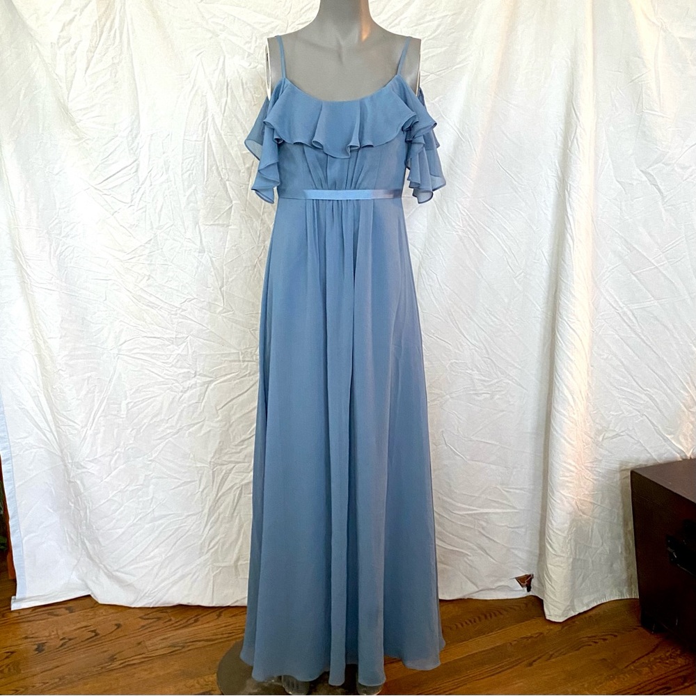 David’s Bridal Dusty Blue Dress, Size 0, Cold Shoulder, Ruffles, Formal